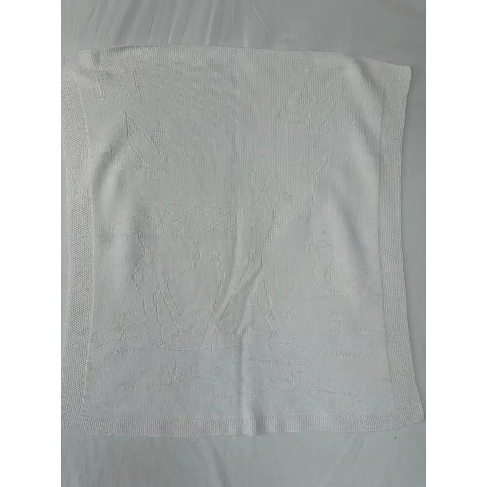 Vintage White Bambi Deer Bird Baby Knit Blanket 29